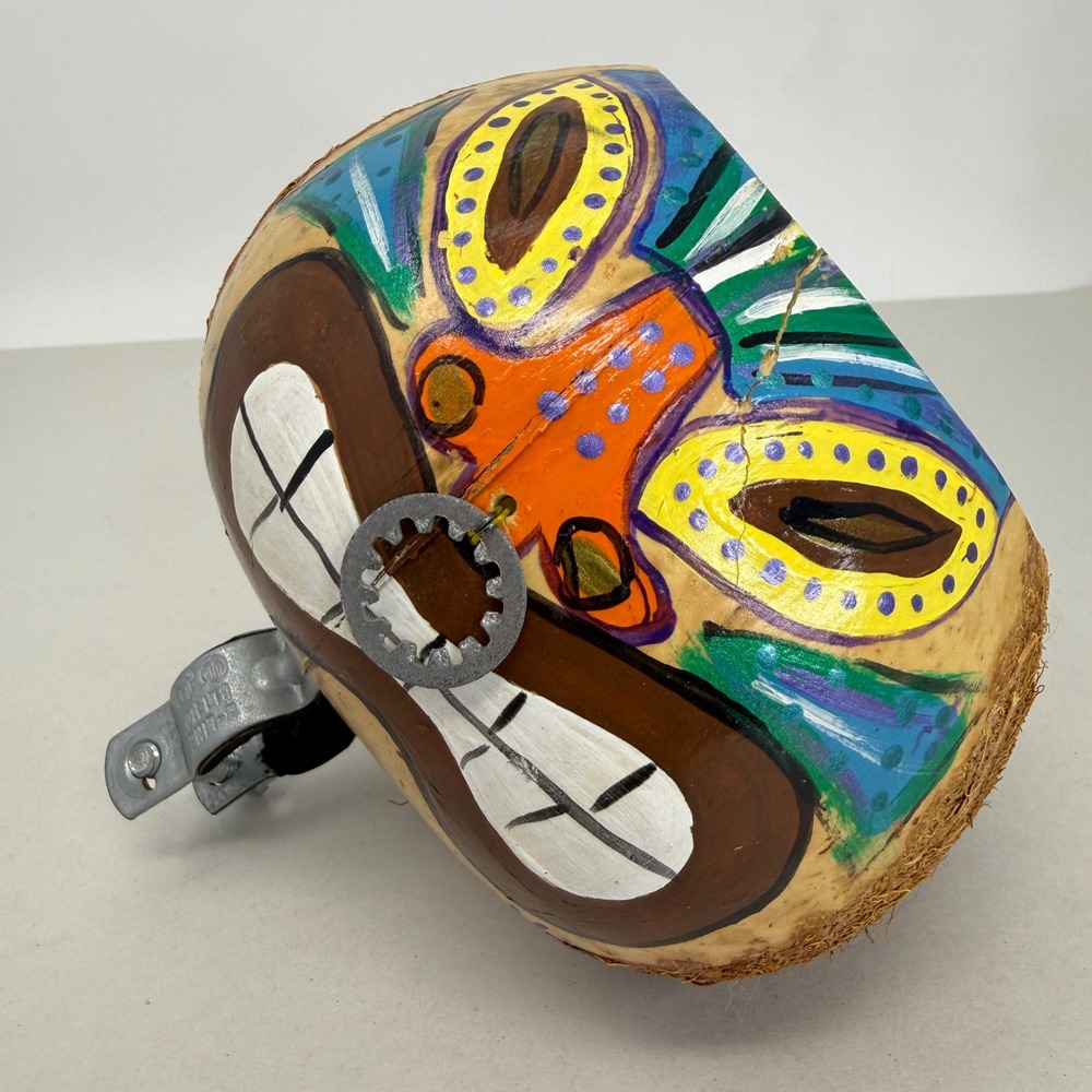 Hand Painted Coconut Bicycle Cup Holder Mask Tribal Face Folk Nans Nuts